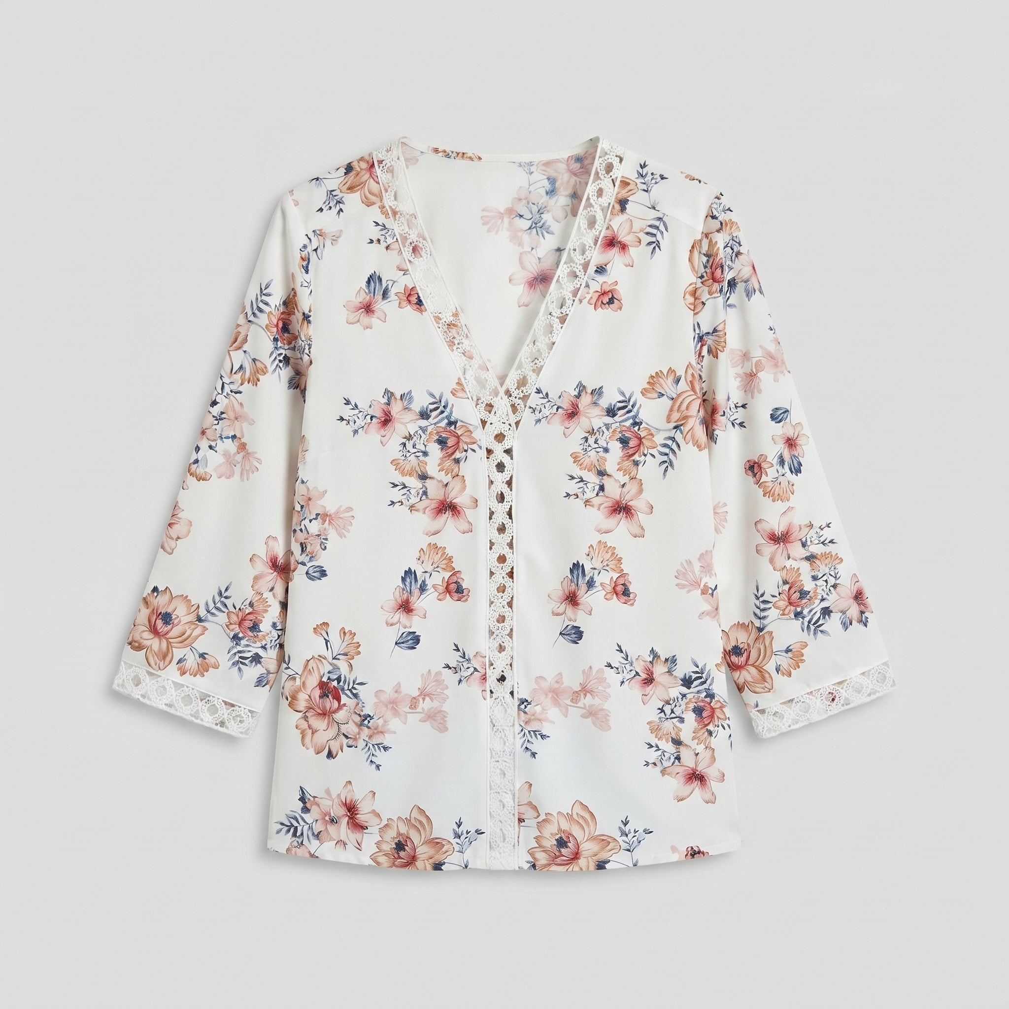 Pamela Boutique floral V-neck blouse with crochet trim, product detail