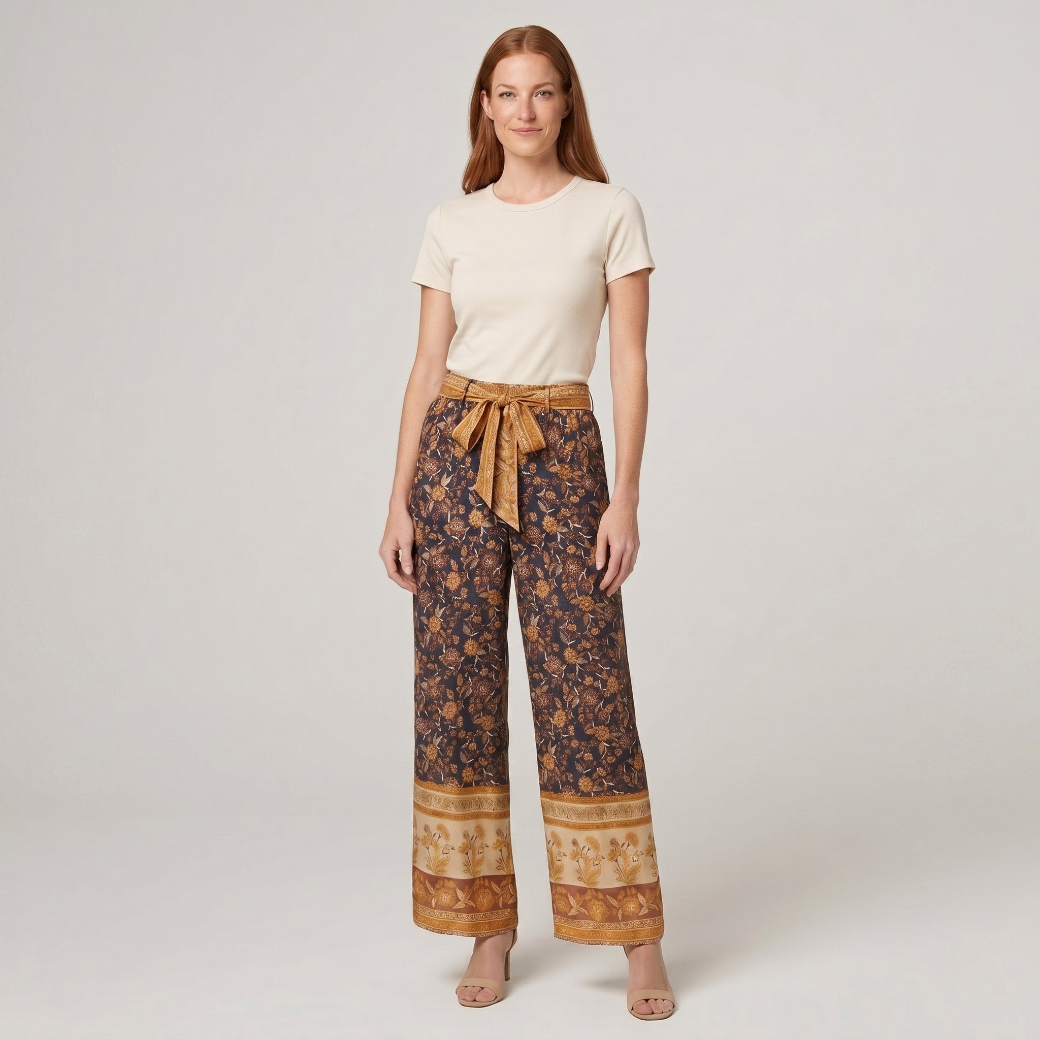 Pamela Boutique brown floral wide-leg trousers, model view