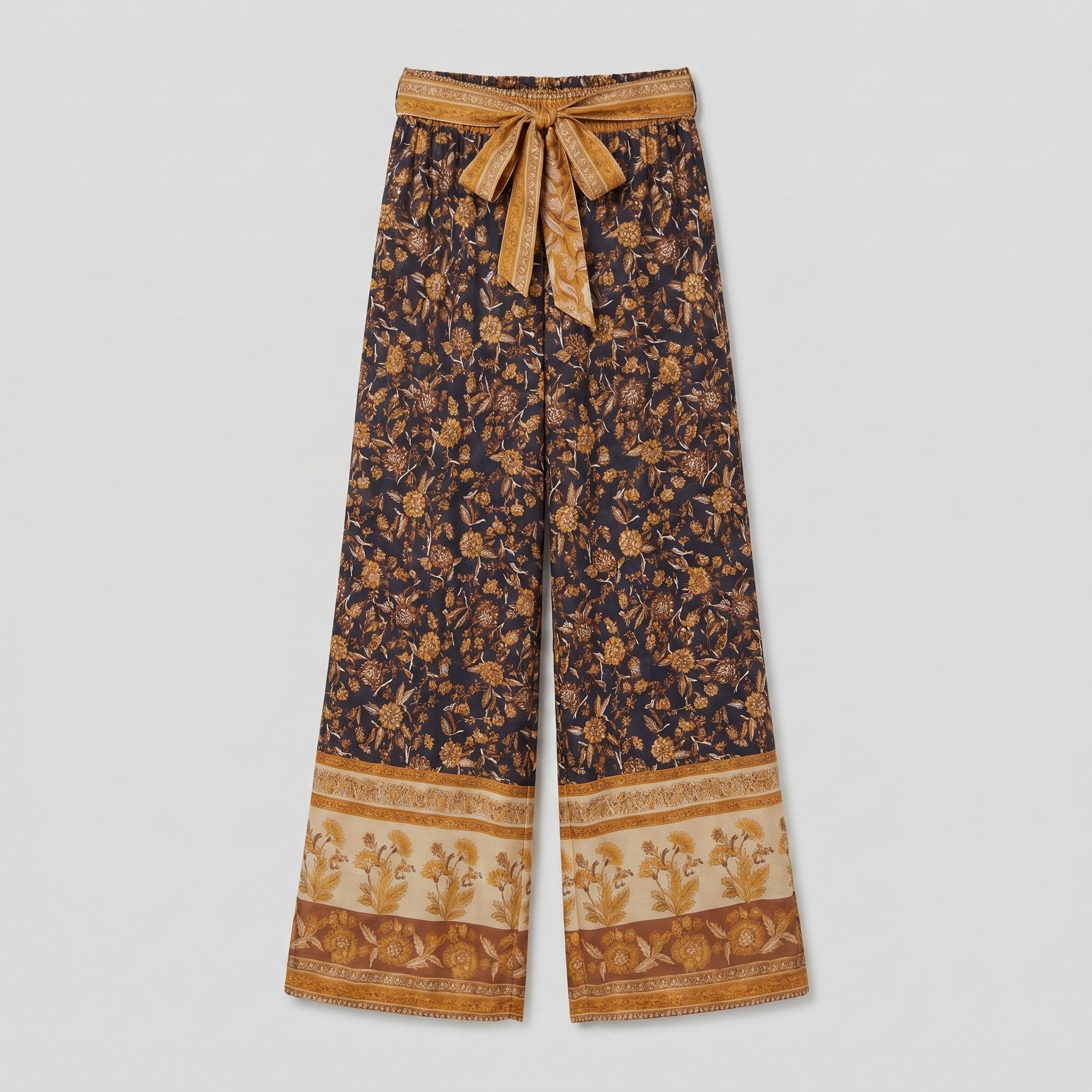 Pamela Boutique brown floral wide-leg trousers with tie belt, product detail