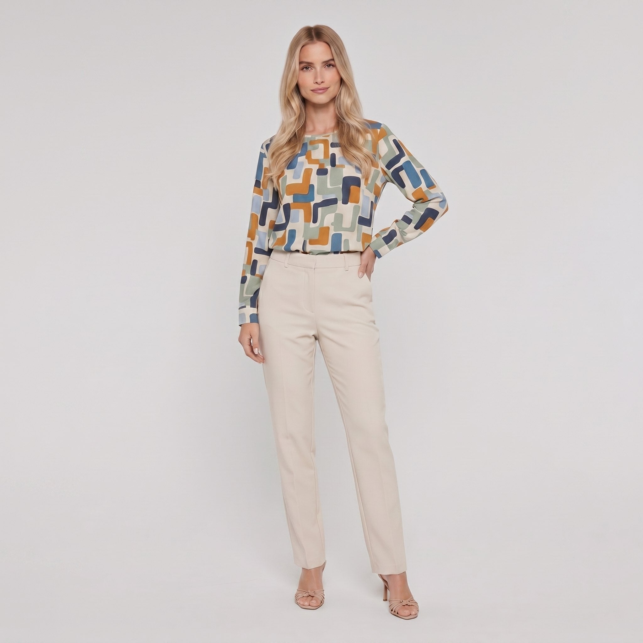 Pamela Boutique stone geometric print crew-neck blouse, model front view