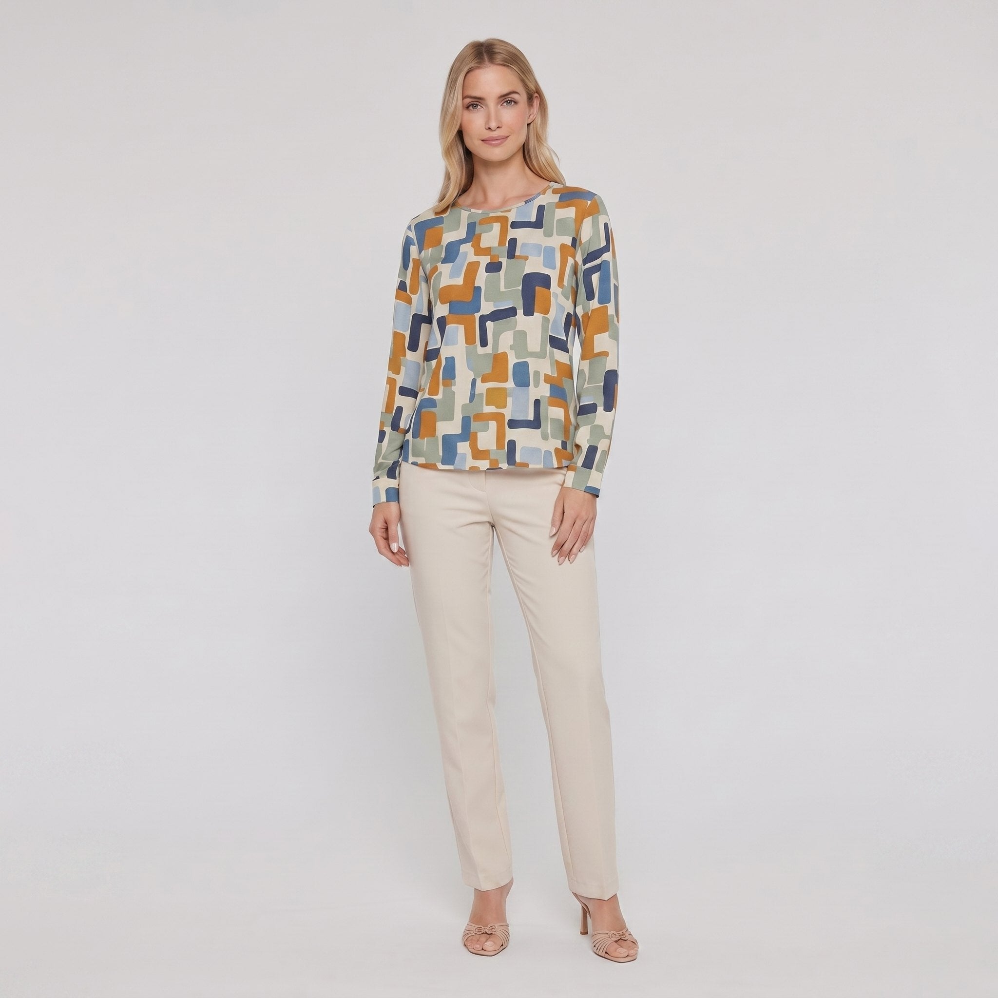 Pamela Boutique geometric print crew blouse, model view