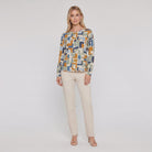 Pamela Boutique geometric print crew blouse, model view