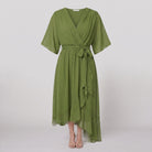 Gina wrap midi dress product flat-lay, tiered ruffle hem
