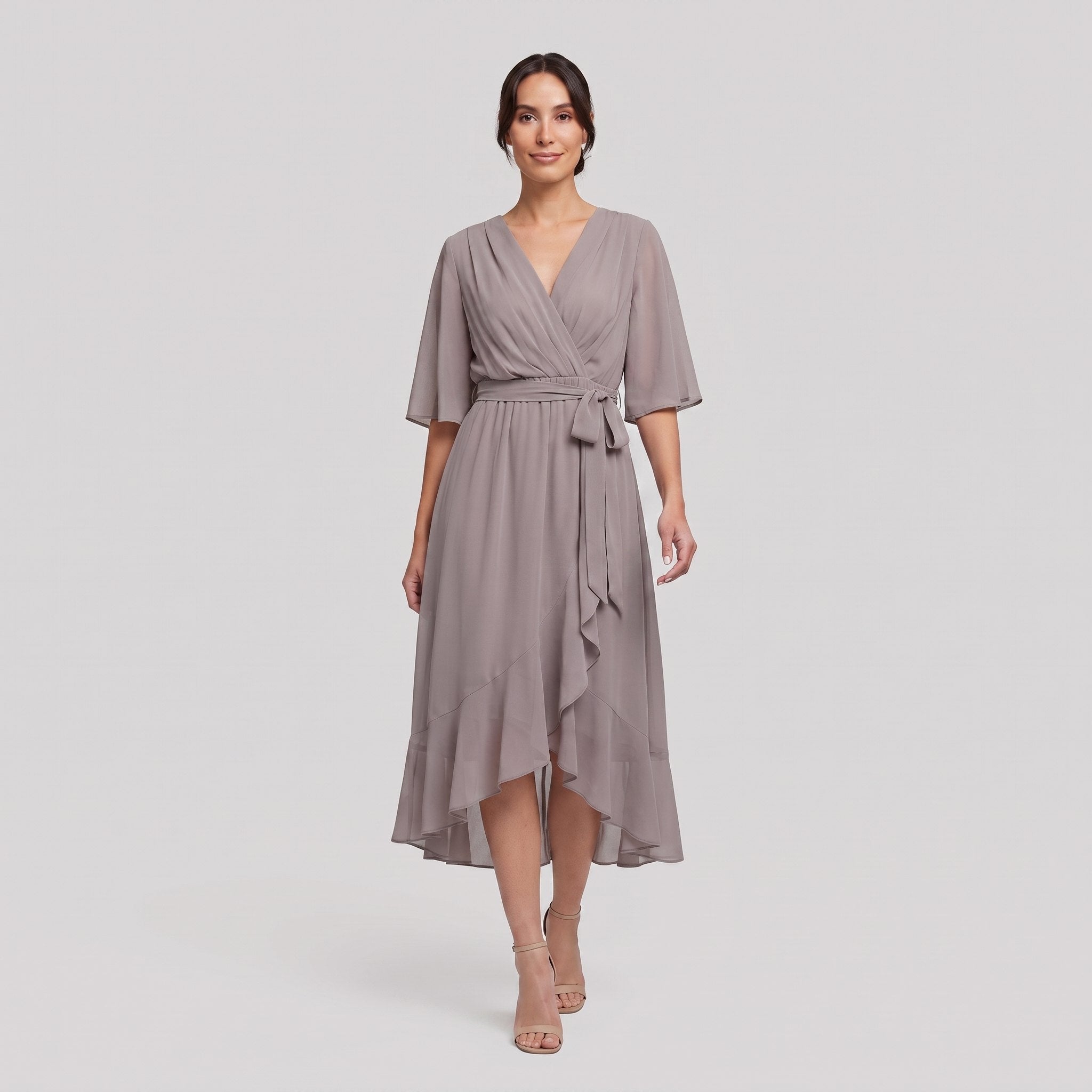 Taupe grey Gina wrap midi dress with V-neck and flutter sleeves on model