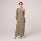 Khaki olive one-shoulder cotton-linen maxi dress on model
