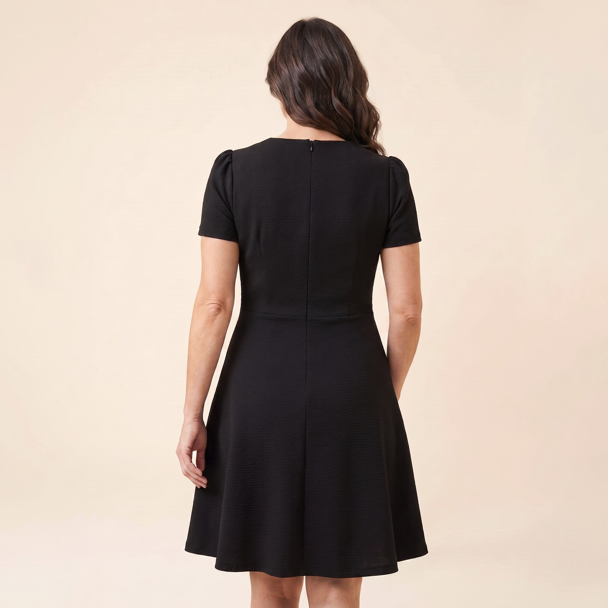 Ivy Midi Dress with centre-back zip, model back view — back