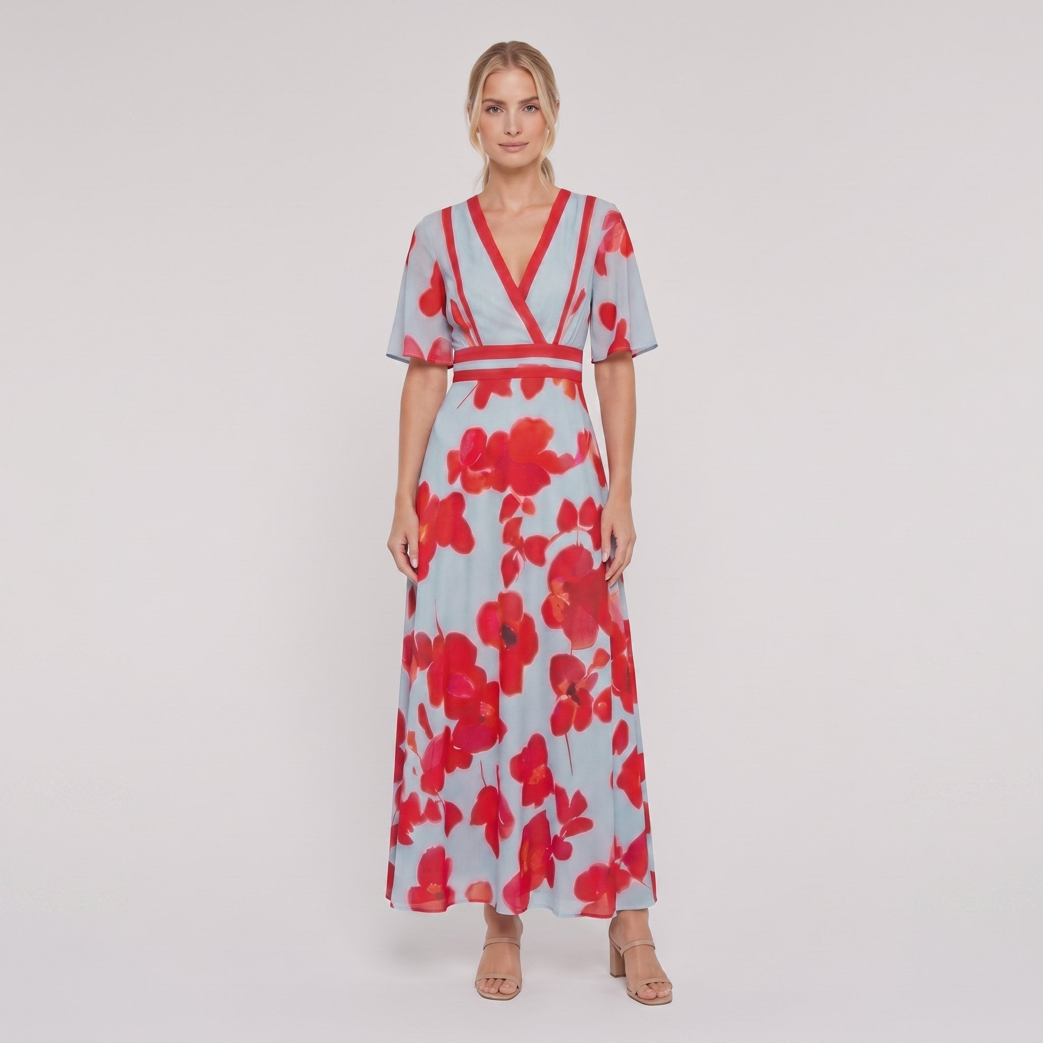 Red floral maxi dress with V-neck on model