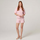 Kira Knit Two Piece Set in pink — relaxed-fit breathable knit co-ord top and shorts