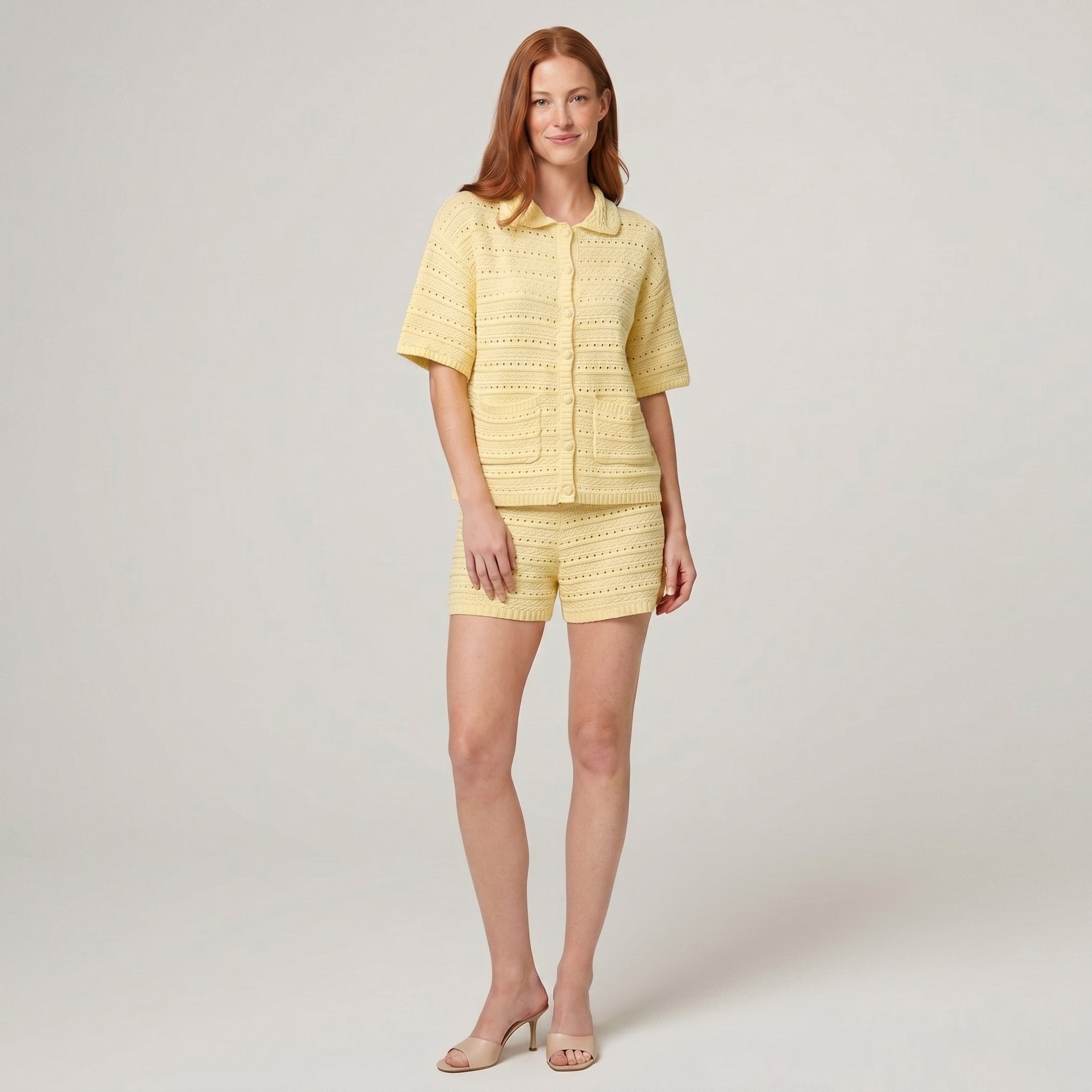 Kira Knit Two Piece Set in yellow — relaxed-fit breathable knit co-ord top and shorts