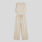 Khaki linen two-piece pants set product flat-lay