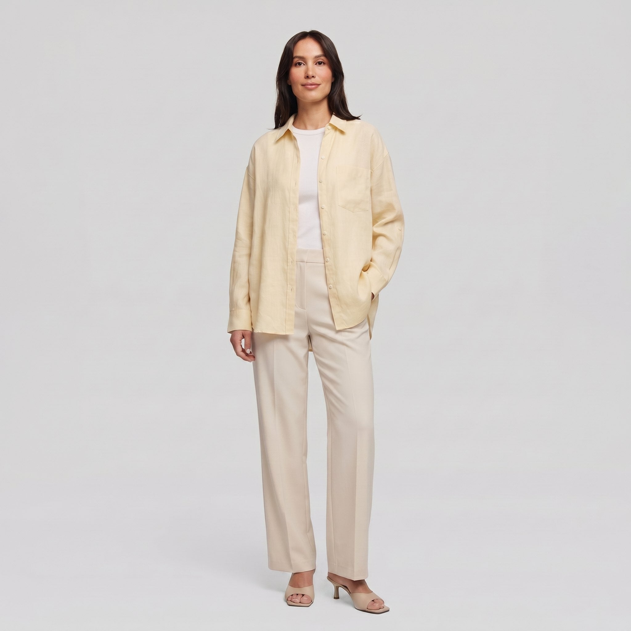 Lino Classic Shirt in pale yellow worn open - oversized linen shirt styling on model