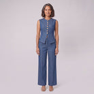 Indigo denim waistcoat and wide-leg trouser set, front view on model