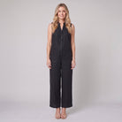 Mila jumpsuit in black, sleeveless linen blend with button front and wide-leg trousers