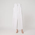 Mila white jumpsuit product flat-lay, sleeveless linen blend with button front