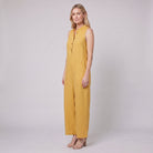 Mila jumpsuit in yellow, sleeveless linen blend with button front and wide-leg trousers