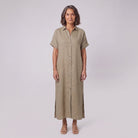 Mira maxi shirt dress in beige, linen blend with short sleeves
