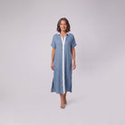 Mira maxi shirt dress in blue with white contrast placket, linen blend short sleeves