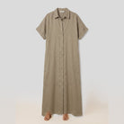 Mira maxi shirt dress product flat-lay, beige linen blend with short sleeves