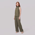 Mira two-piece set in army green, sleeveless high-neck blouse with wide-leg trousers