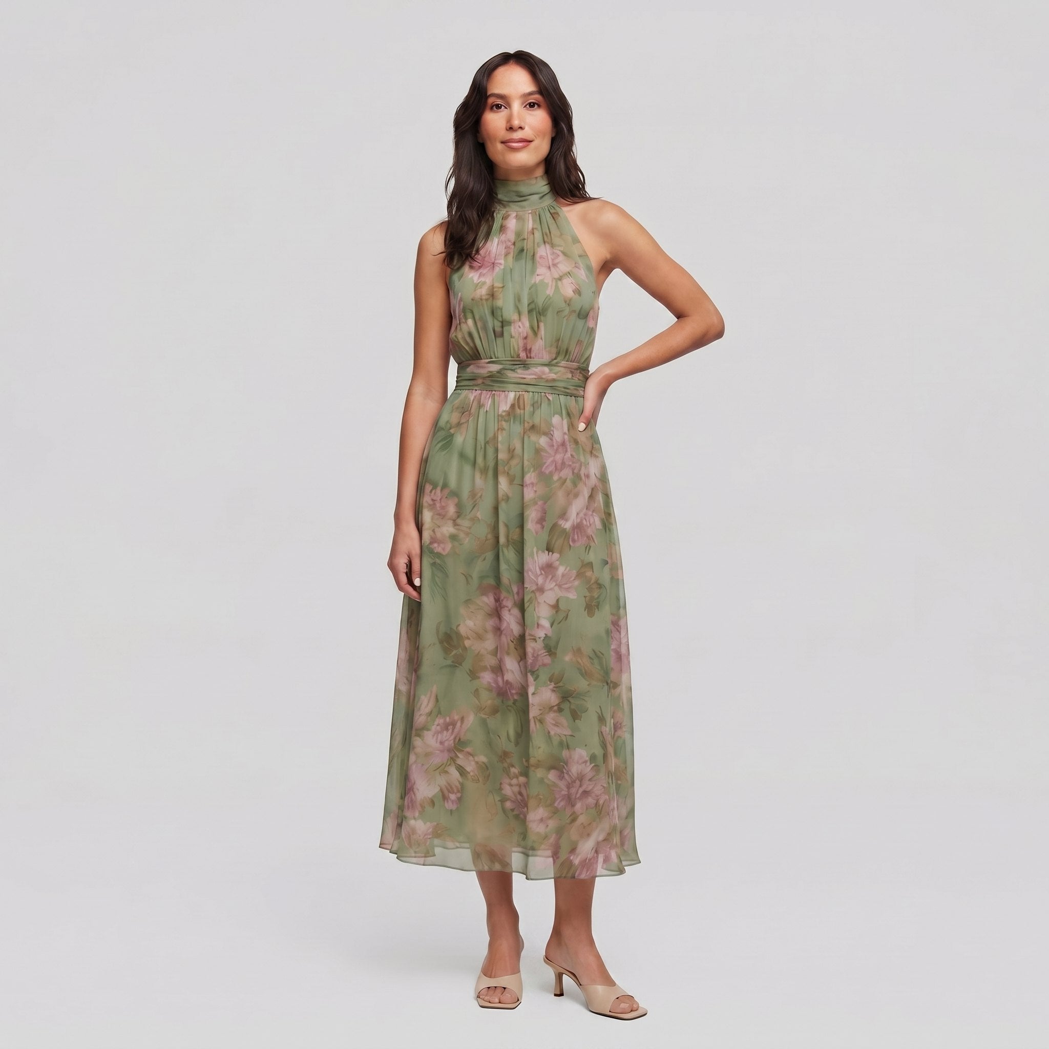 Mirelle sage green floral halter midi dress, full length