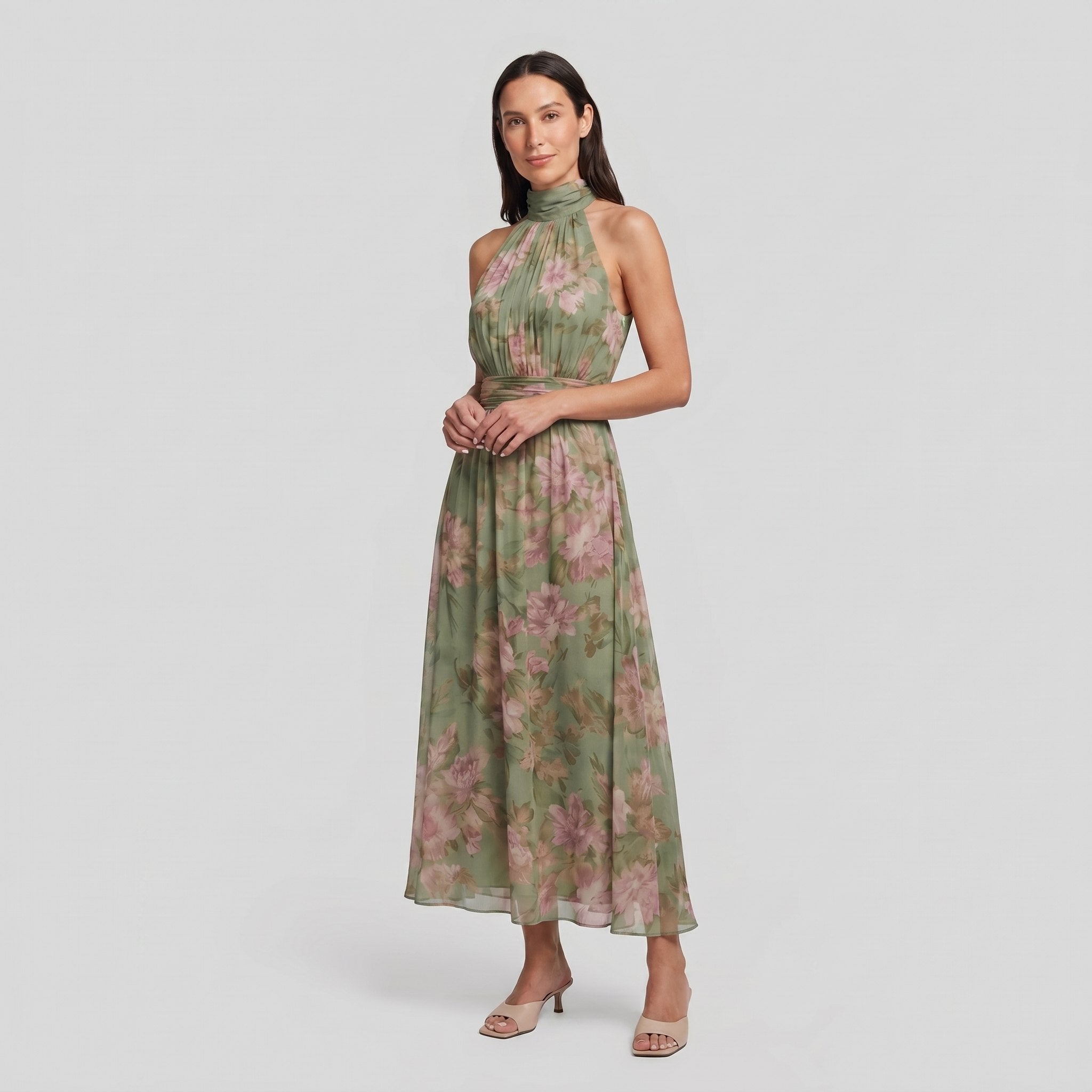 Mirelle sage green floral halter midi dress, three quarter view