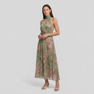 Mirelle sage green floral halter midi dress, three quarter view