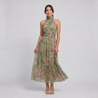 Mirelle sage green floral halter midi dress, front view