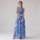 Nora maxi dress in blue, halter neck, full length