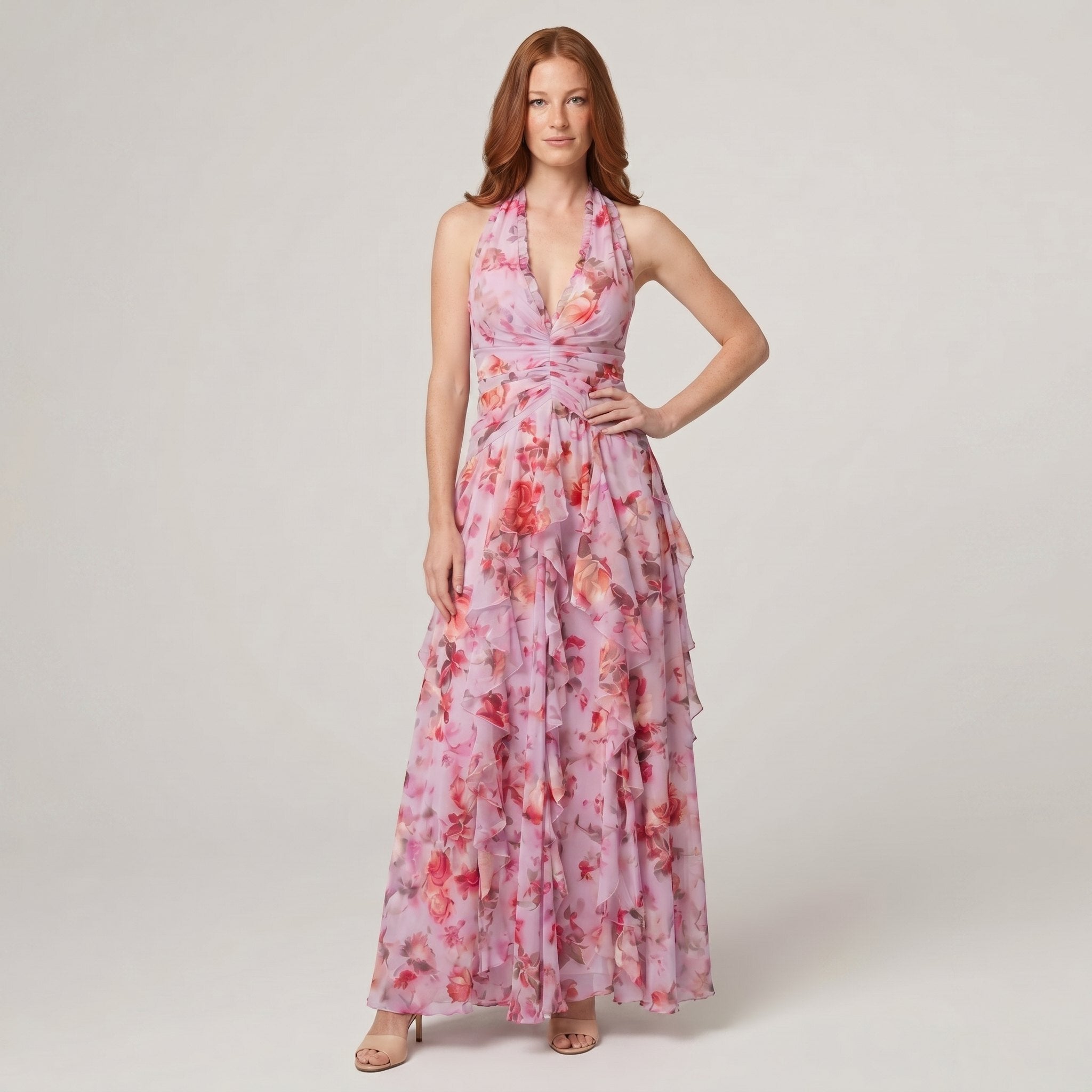 Nora maxi dress in pink, halter neck, full length