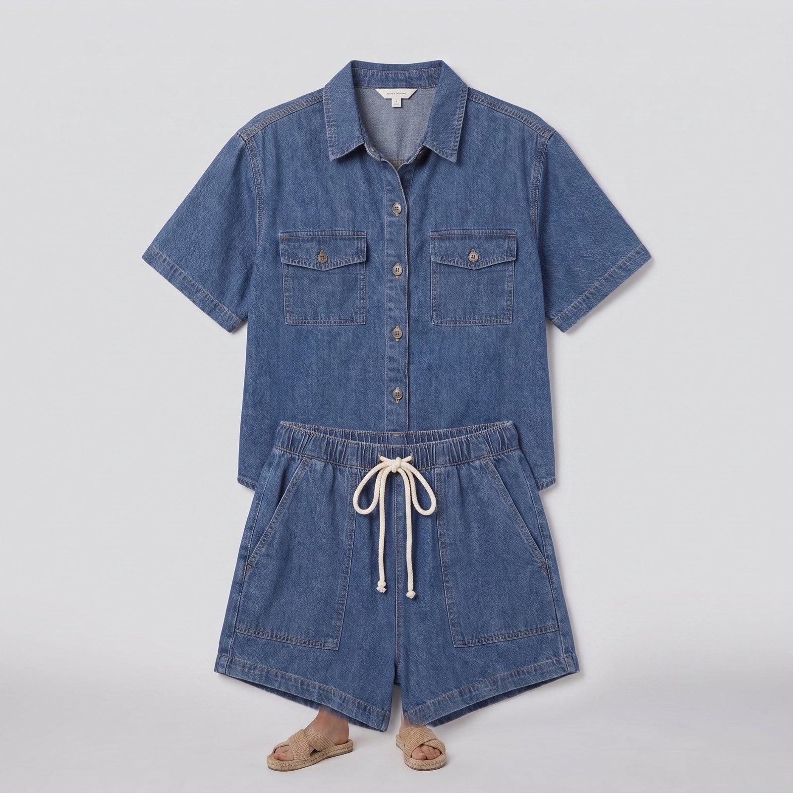 Olivia blue denim set flat-lay - shirt and shorts