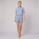 Olivia light chambray blue (Sky) denim set - walking view