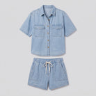 Olivia light chambray blue (Sky) denim set flat-lay - shirt and shorts