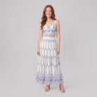 Pinta ivory broderie skirt set with blue embroidery - bralette top and tiered maxi skirt, front view