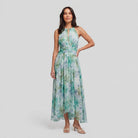 Poppy green floral halter midi dress, full length