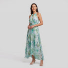 Poppy green floral halter midi dress, three quarter view