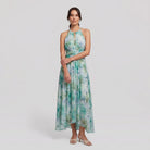 Poppy green floral halter midi dress, front view