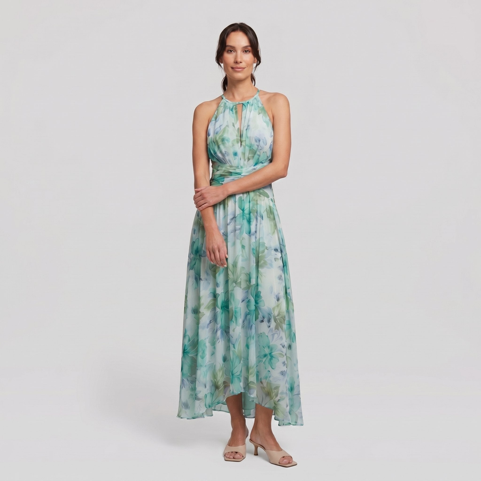 Poppy green floral halter midi dress, front view