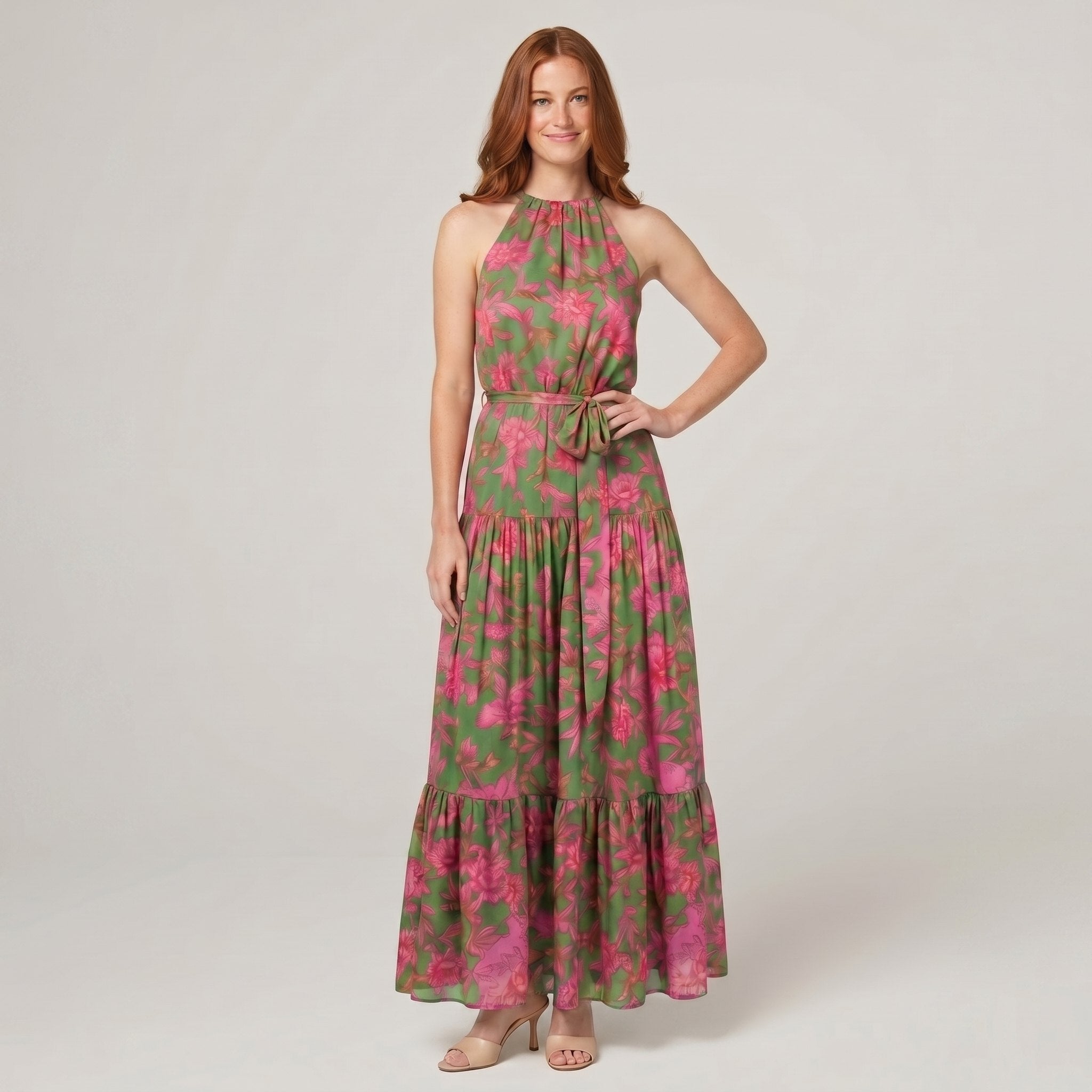 Raven floral halter midi dress, full length