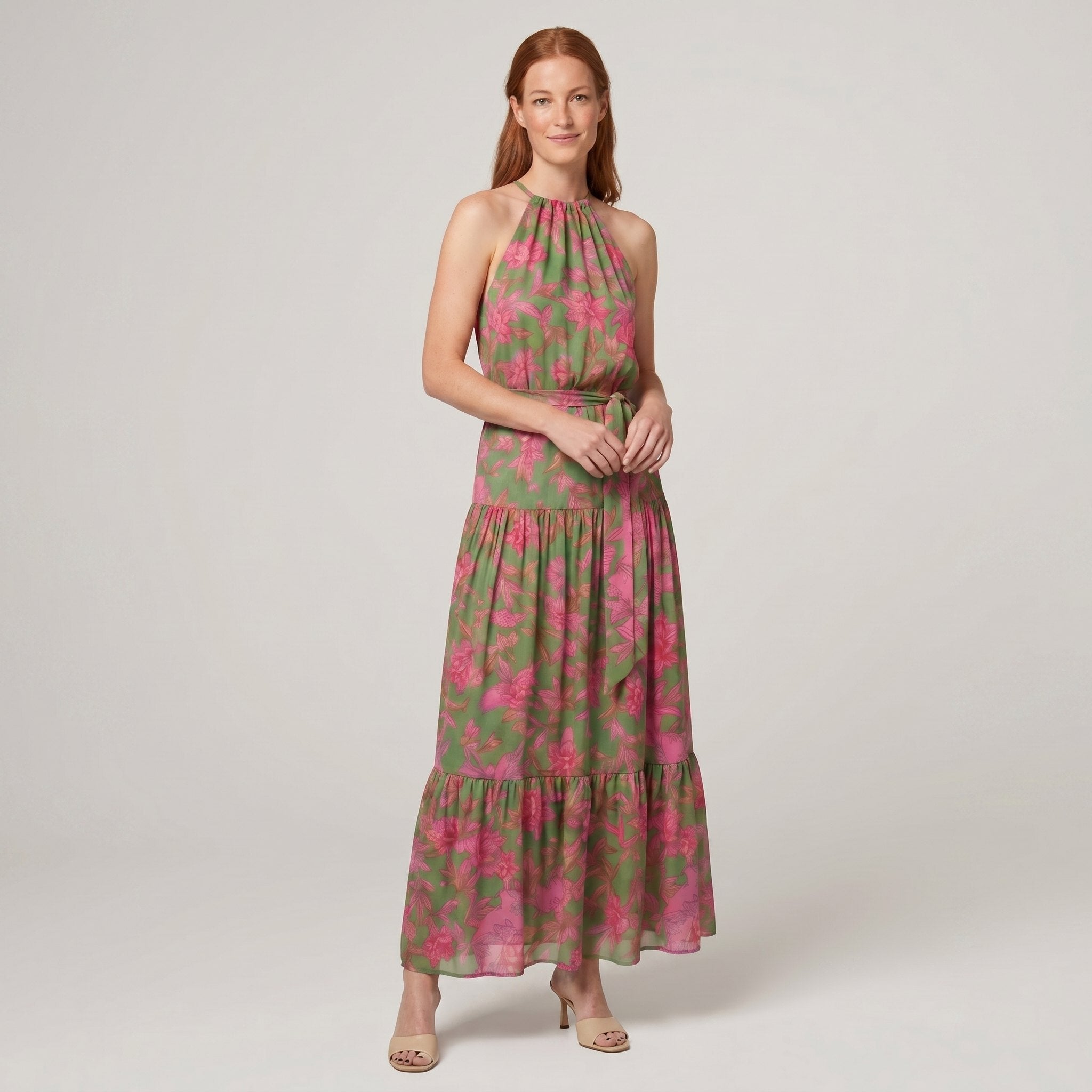 Raven floral halter midi dress, three quarter view