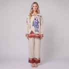 Rounelle cream linen two-piece set with blue fish print, front view