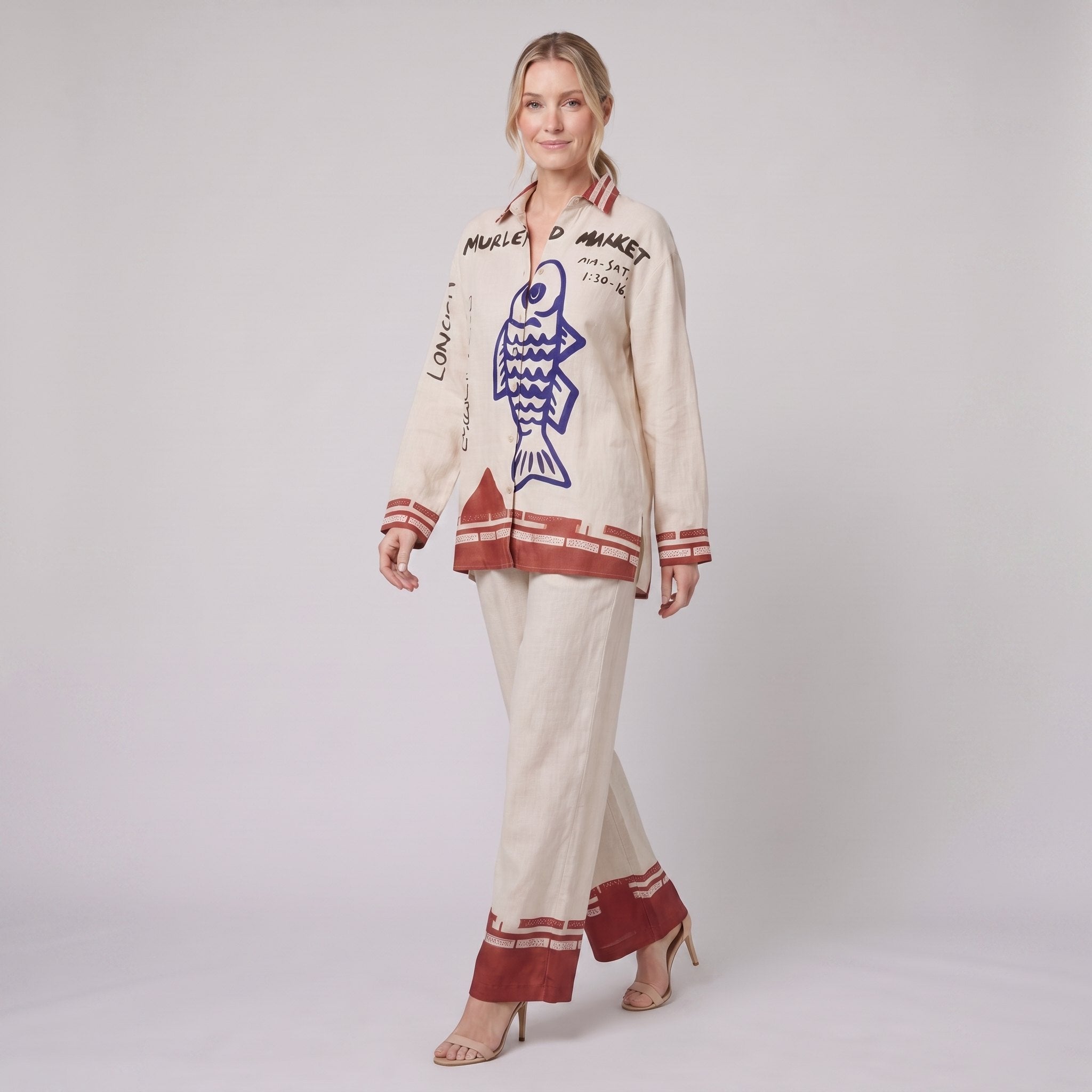 Rounelle cream linen set, walking pose showing relaxed fit