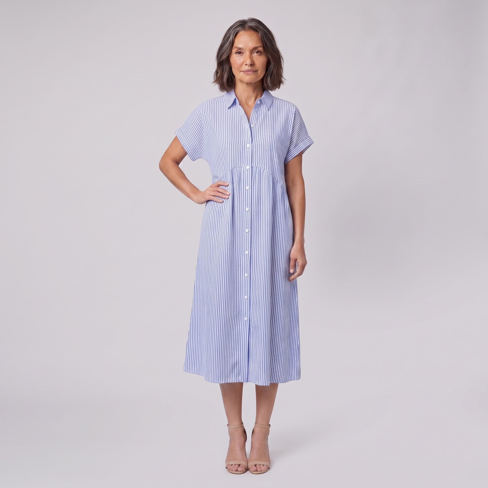 Sierra blue striped seersucker shirt dress, front view
