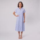 Sierra blue striped seersucker shirt dress, front view