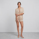 Sola Knitted Co Ord Set in beige and cream stripes — open-crochet cardigan and shorts