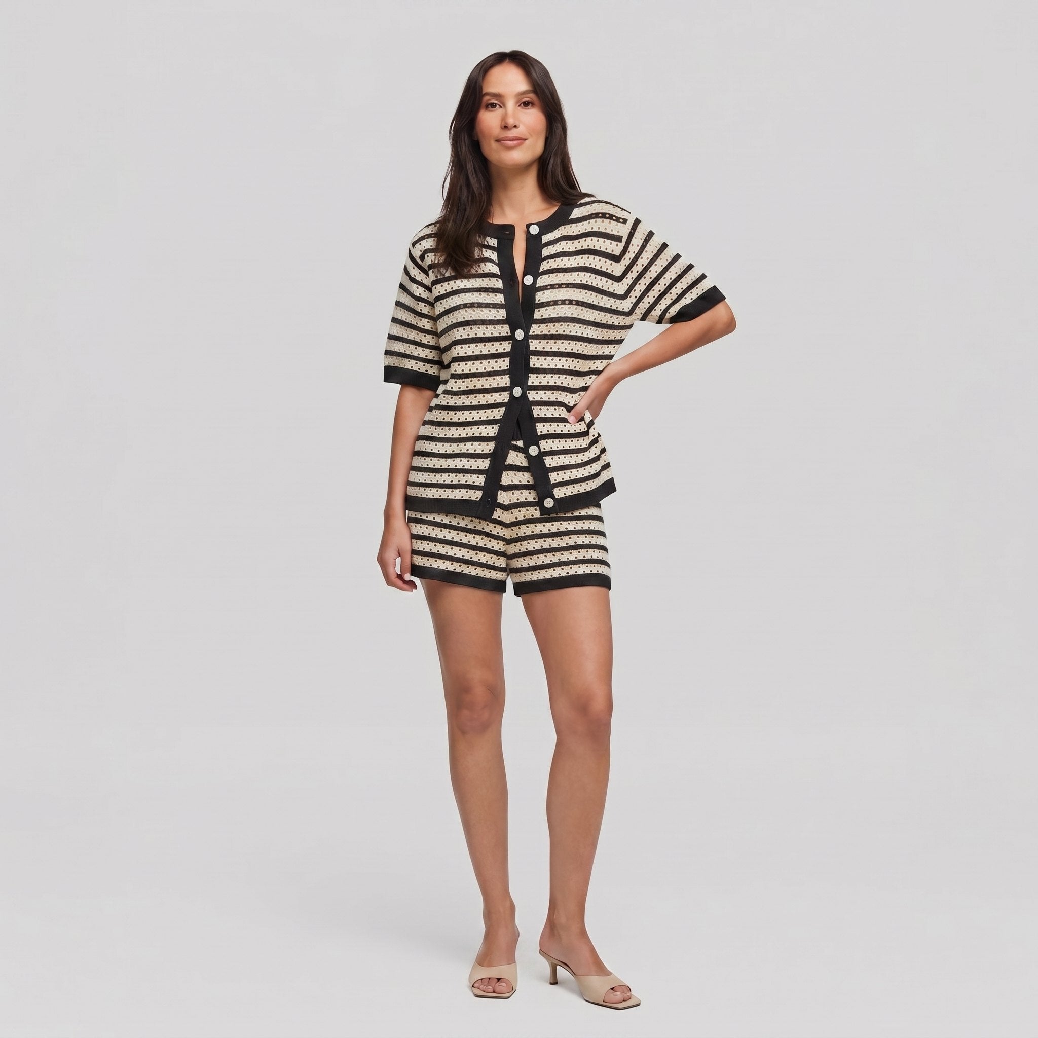 Sola Knitted Co Ord Set in black and cream stripes — open-crochet cardigan and shorts