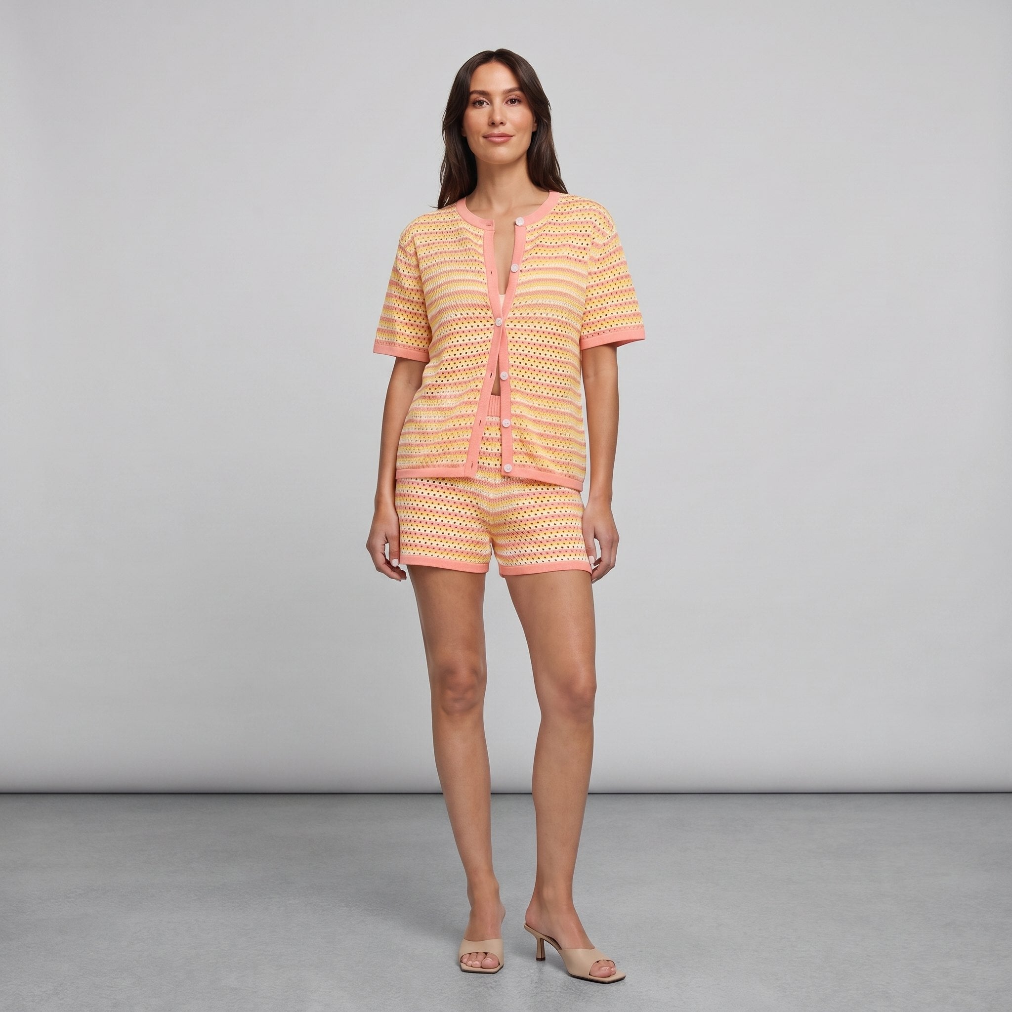 Sola Knitted Co Ord Set in citrus yellow and cream stripes — open-crochet cardigan and shorts