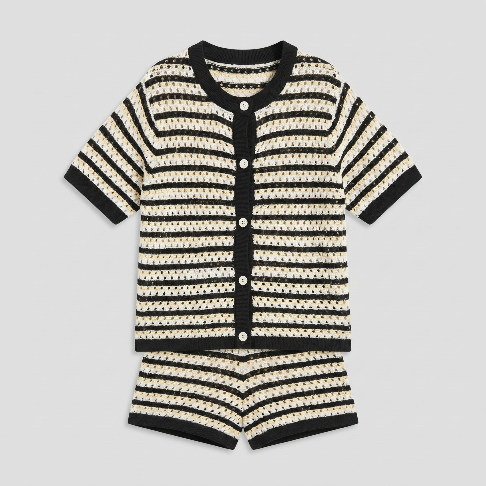 Sola Knitted Co Ord Set black and cream striped knit fabric detail flat-lay