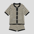 Sola Knitted Co Ord Set black and cream striped knit fabric detail flat-lay