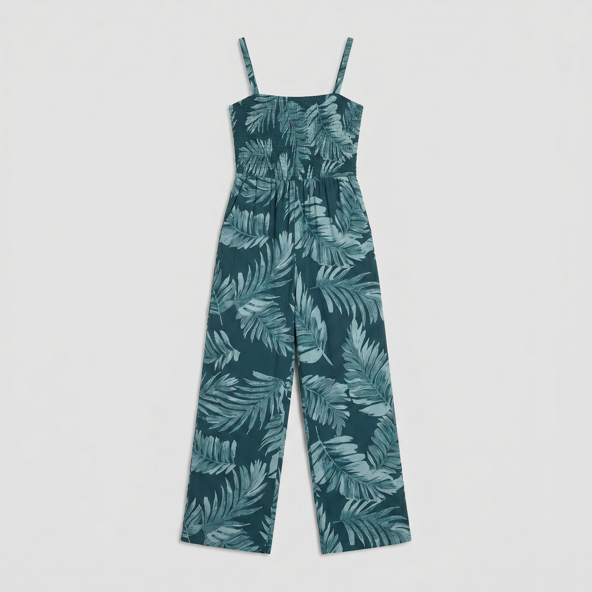 Teal wide-leg jumpsuit with smocked bodice product flat-lay