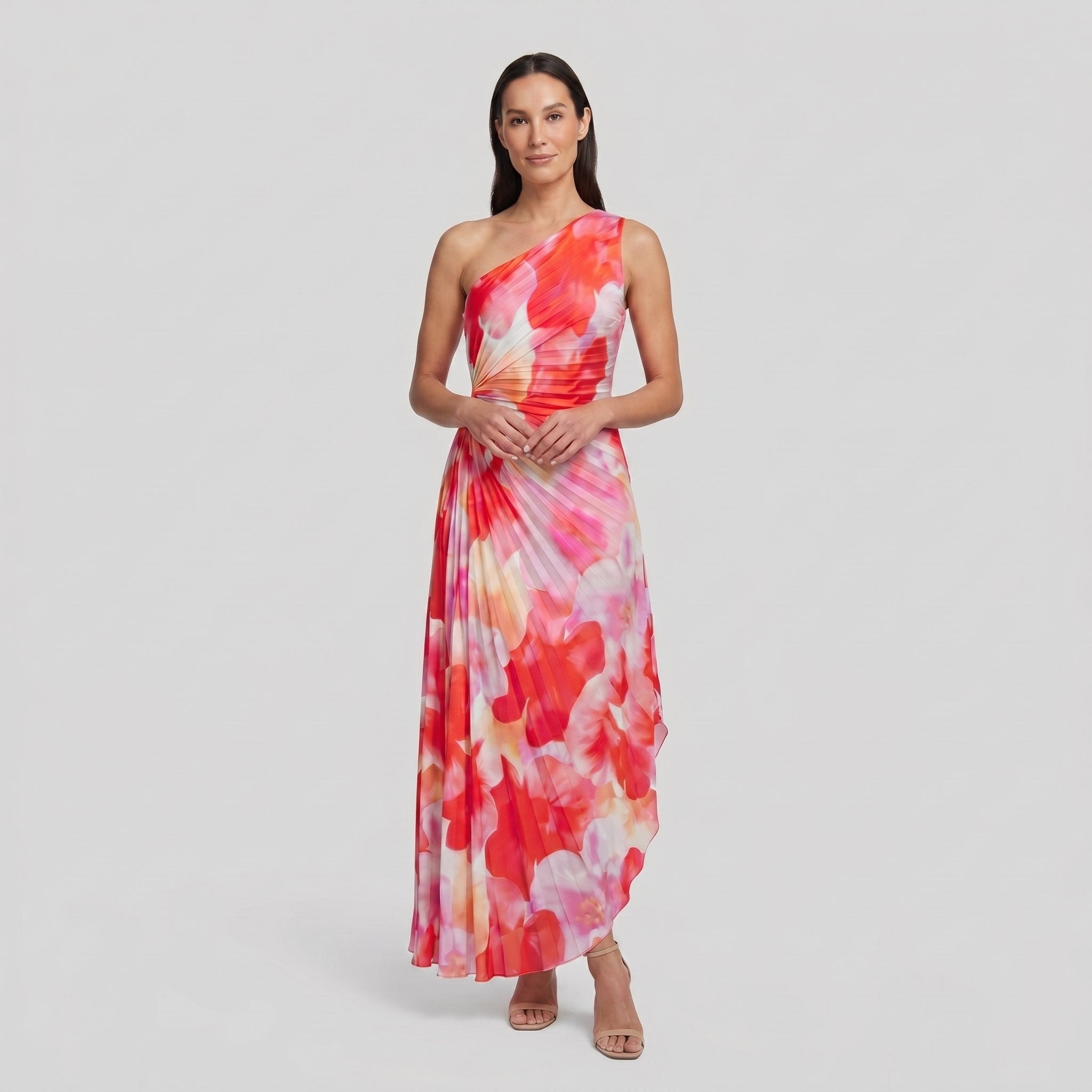 Model wearing floral pleated midi dress front view - Taya Midi Dress